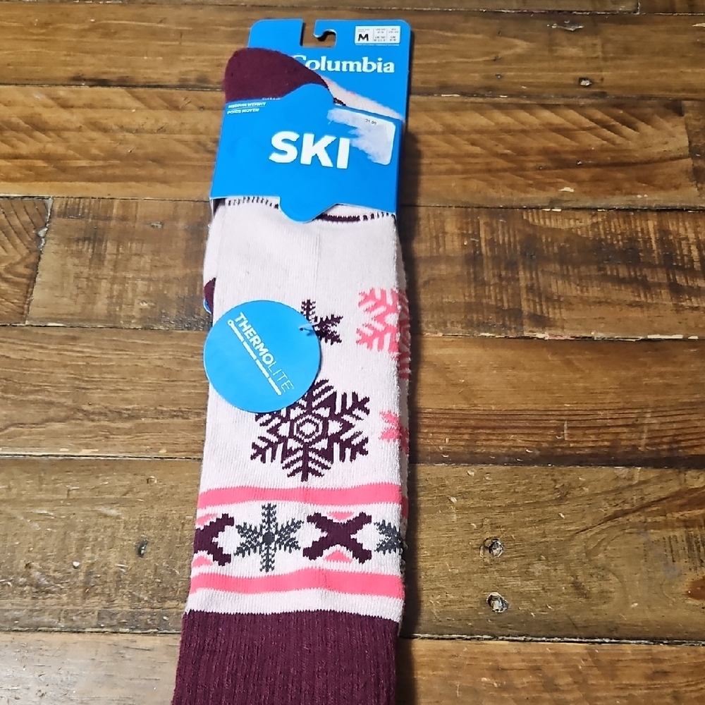 Columbia Women's Thermolite Snowflake Ski Socks: PINK/MAROON: NEW WITH TAGS:SZ M
